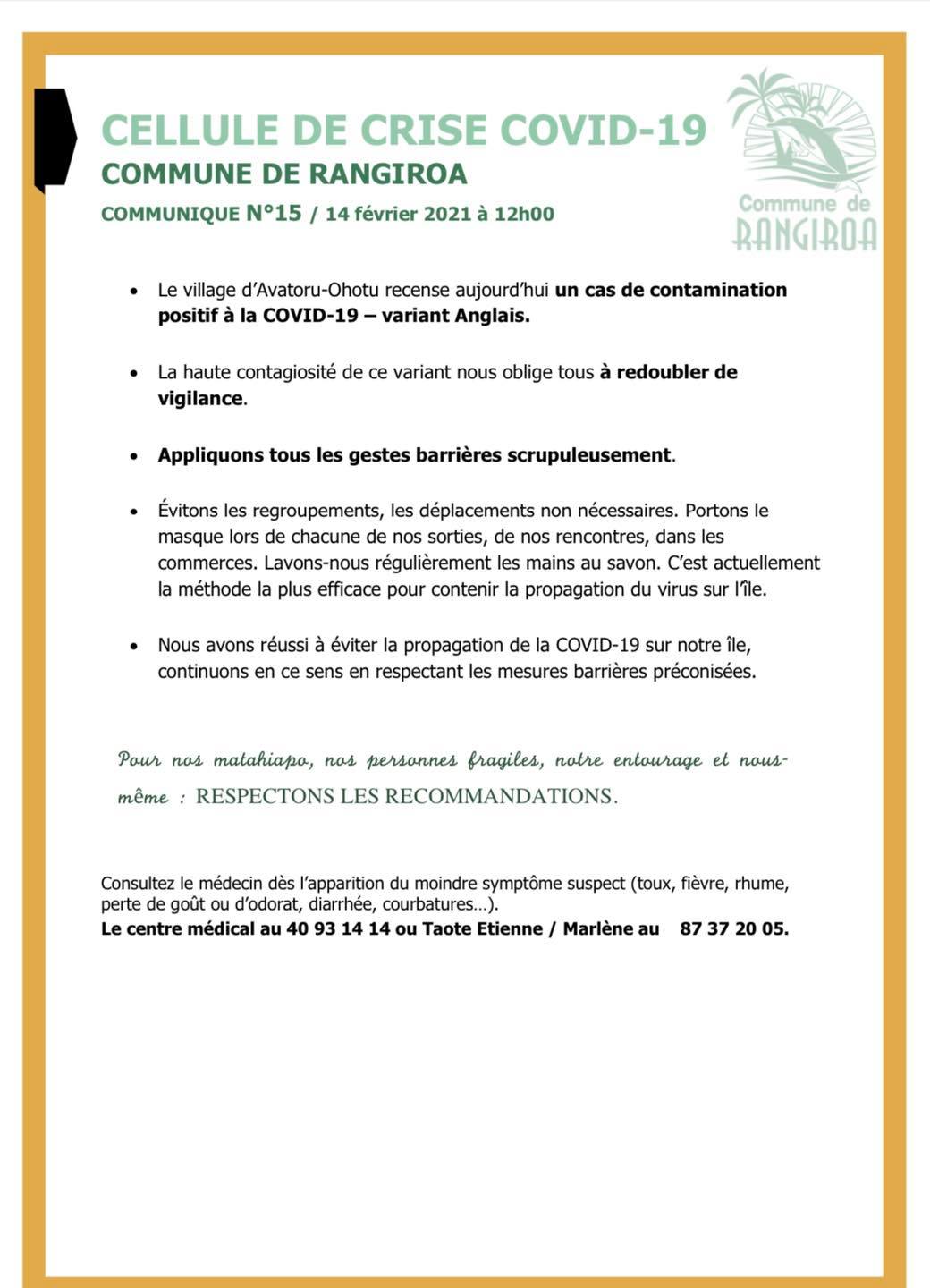 ​Un cas de Covid-19 variant anglais à Rangiroa