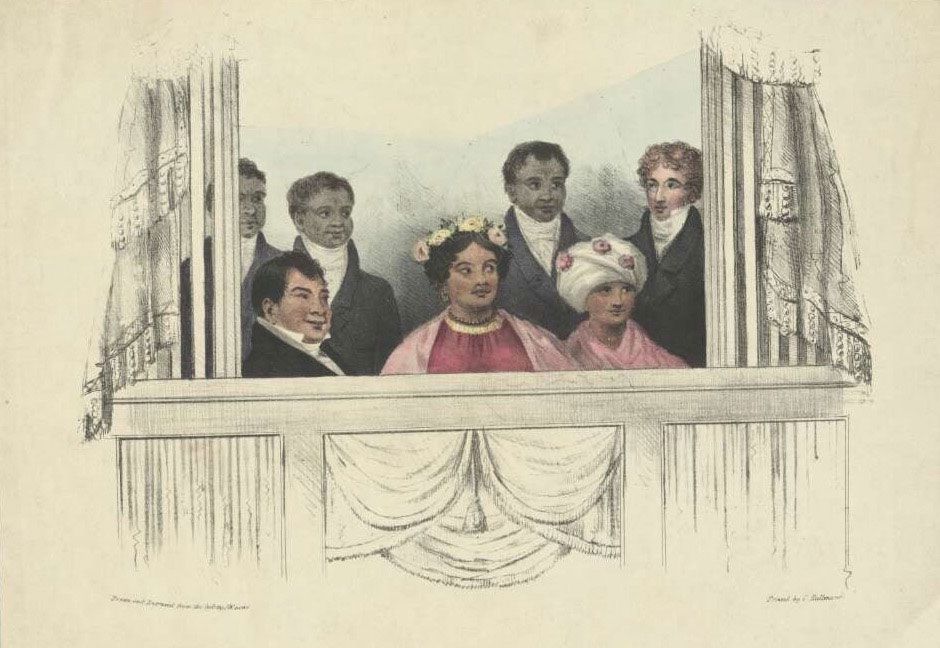 A Londres, le roi (à gauche), la reine (au centre) et sa cour furent invités à de nombreuses manifestations dont des concerts (ici au théâtre royal de Drury Lane, au tout début du mois de juin 1824). A noter que les journaux britanniques se firent un plaisir d’écorcher le nom du couple ; sur cette illustration, Kamehameha II est affublé du nom de roi Rheo Rhio et la reine Kamamalu de reine Tamehamalu...