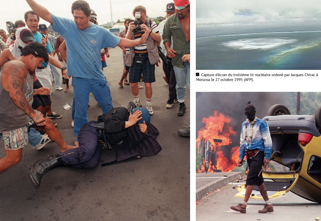 Les émeutes consécutives à la reprise des essais nucléaires par le président Jacques Chirac à l'aéroport de Tahiti Faa'a le 6 septembre 1995 (AFP).