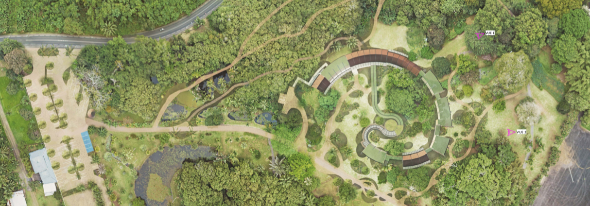 Les plans et les vues de ce que sera l’“Espace scénographique sur Paul Gauguin en Polynésie française”. Il aura la forme allongée d’une anguille, référence à la légende locale...