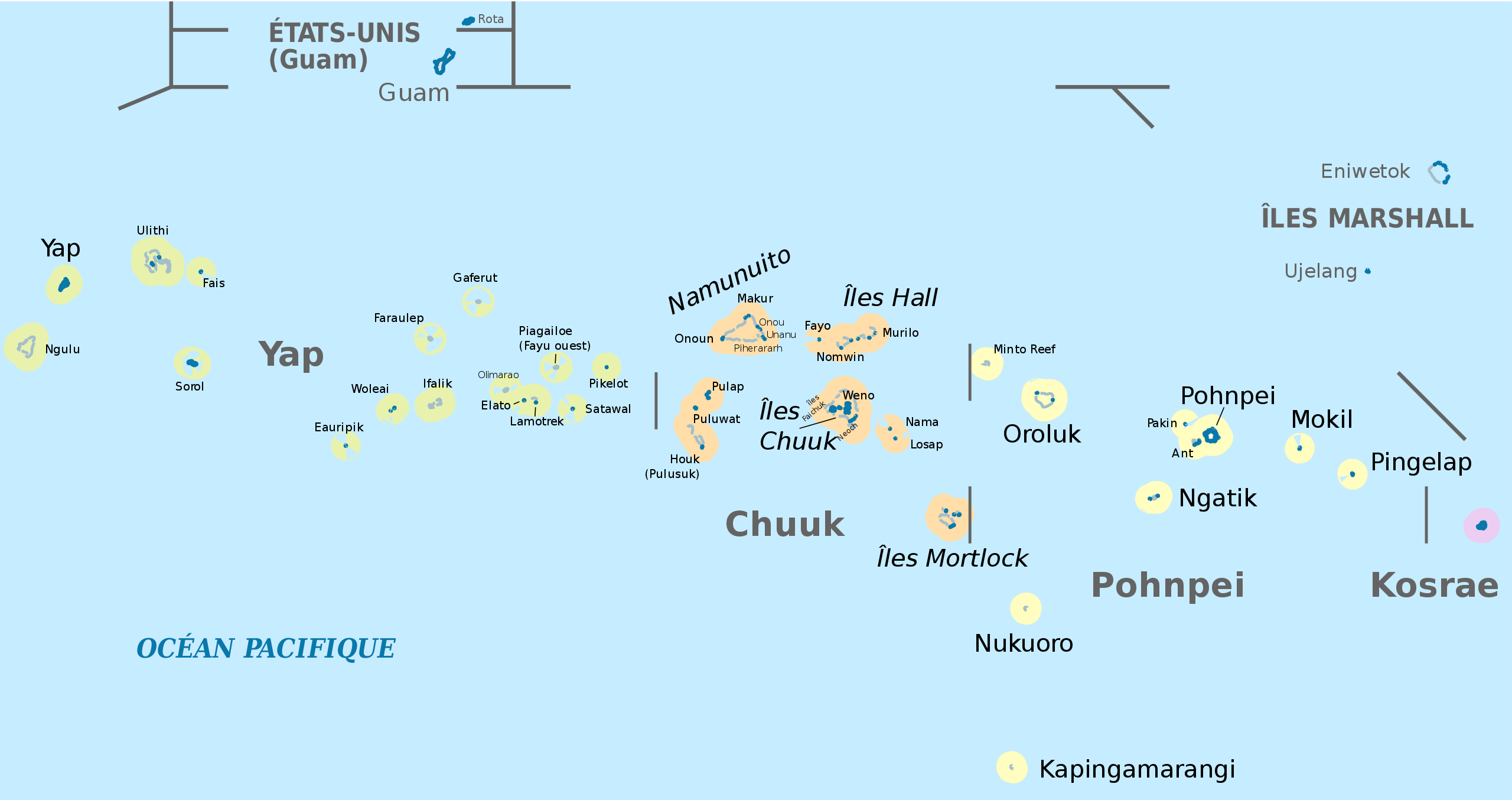 Sur cette carte moderne de la Micronésie, on distingue très bien sur la droite Pohnpei et au sud l’île de Sapwuahfik  qui porte encore le nom que lui avait donné le capitaine Hart, à savoir Ngatik.