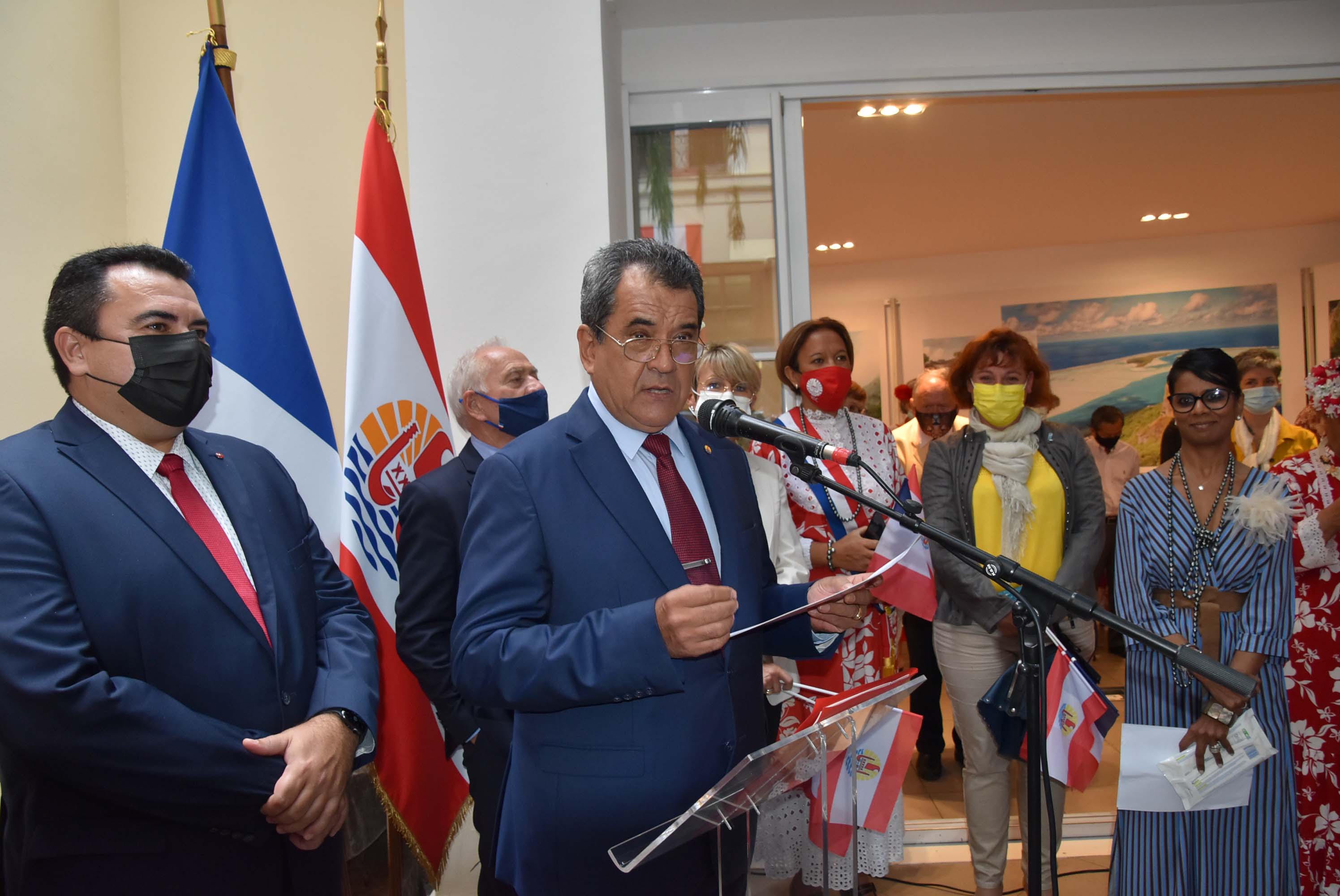 Edouard Fritch lors de la cérémonie organisée à la Délégation de la Polynésie française, mardi à Paris pour la fête de l'autonomie.