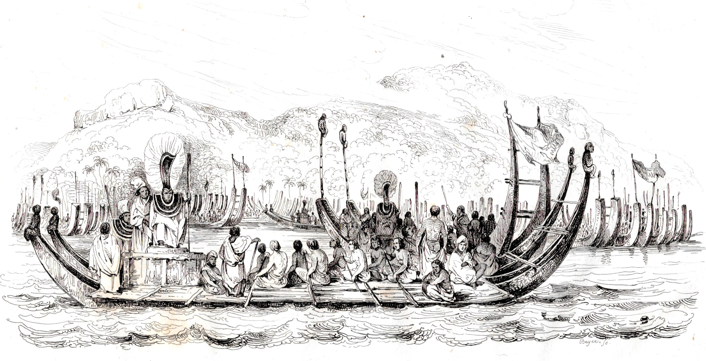 Flotte de pirogues doubles à Tahiti, une gravure qui a été copiée de très nombreuses fois.