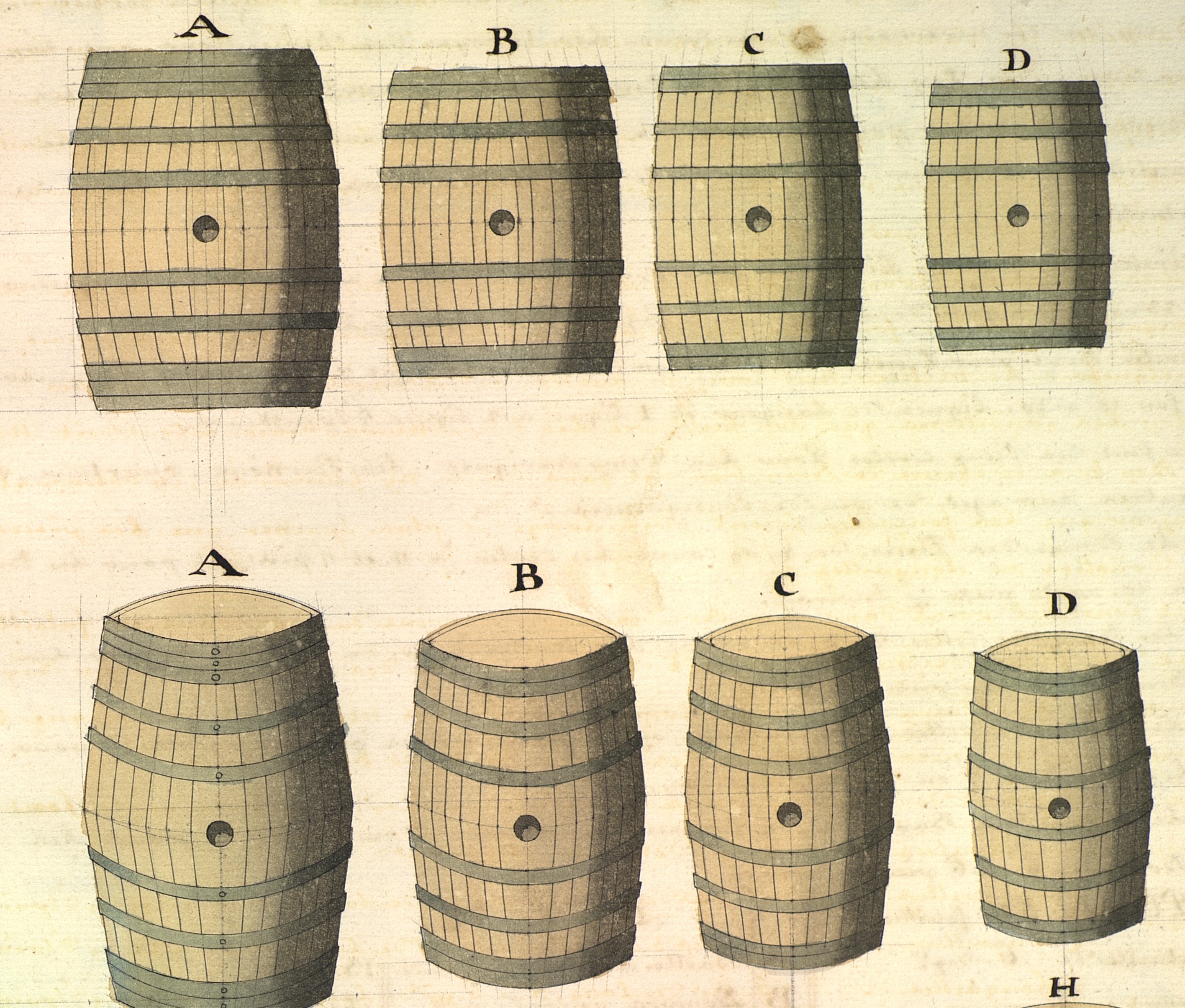 On parle souvent, au XVIIIe siècle, de la nécessité d’aiguades pour remplir les futailles ; voici ces modèles de tonneaux en usage dans la marine de l’époque.