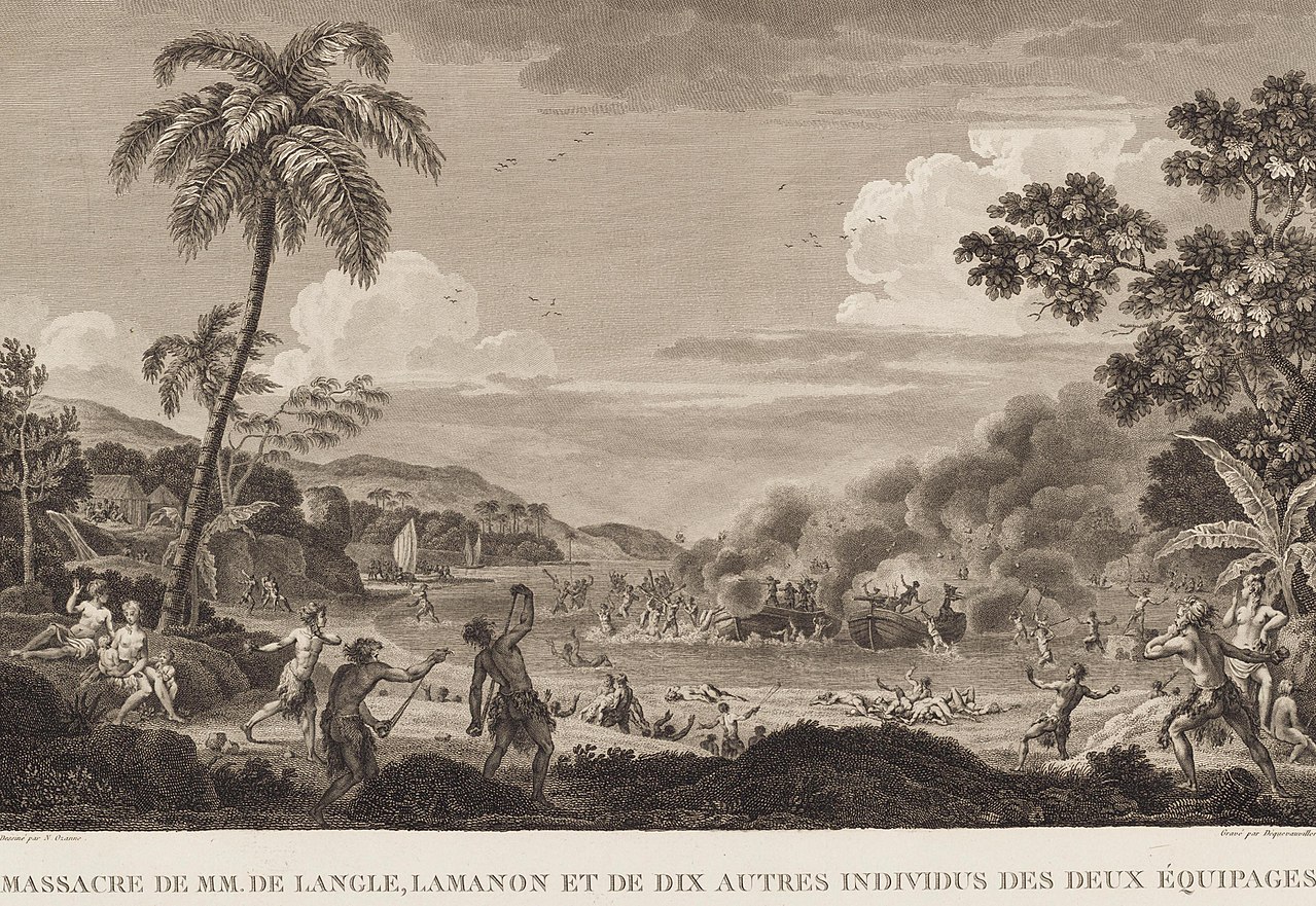 Cette autre gravure met en scène la mort des membres d’équipage de l’expédition La Pérouse. Le botaniste Robert de Lamanon fit partie des victimes.