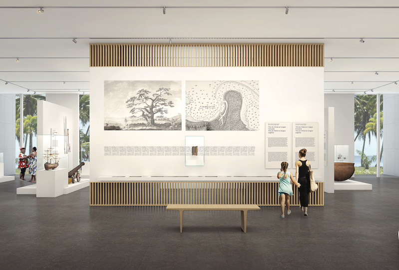 Le musée de Tahiti réserve un place de choix au maro'ura, comme on le voit ici sur une image 3D, un mur d'exposition central lui sera consacré. La réouverture est prévue en 2022. (©Musée de Tahiti et des îles)