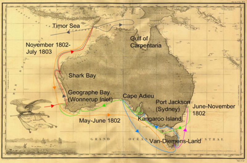 Les trajets des bateaux de l’expédition de Baudin ; en explorant toute la partie sud et ouest de l’Australie, Baudin démontra que l’île-continent n’était pas formée de deux îles distinctes comme beaucoup le croyaient.