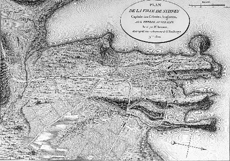 Une ancienne gravure montrant la ville de Sydney, à l’époque du passage des Français.