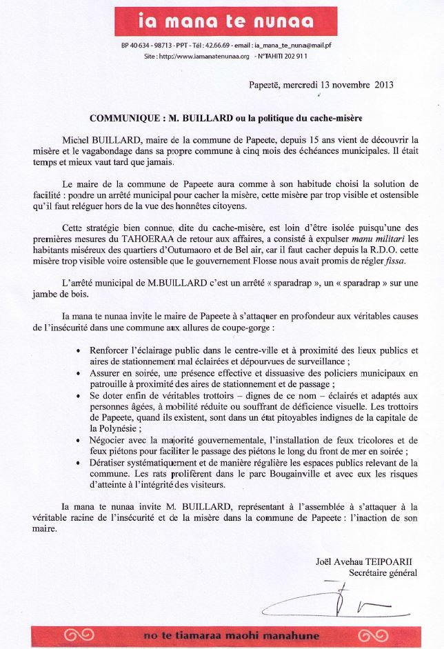Misère sociale: Ia Mana Te Nunaa s'adresse au maire de Papeete