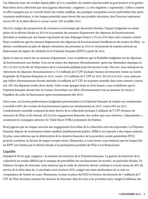 Standard & Poor's confirme la note 'BB+' de la Polynésie française avec une perspective  désormais positive.