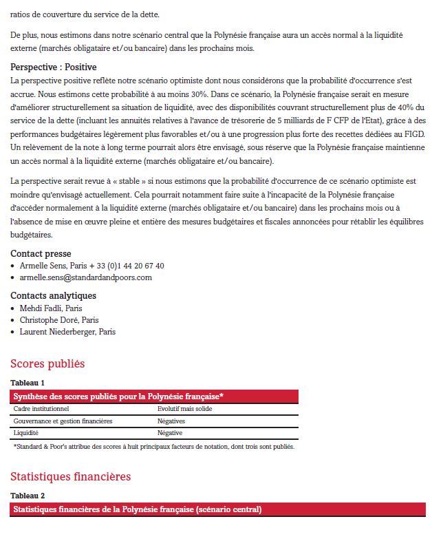 Standard & Poor's confirme la note 'BB+' de la Polynésie française avec une perspective  désormais positive.