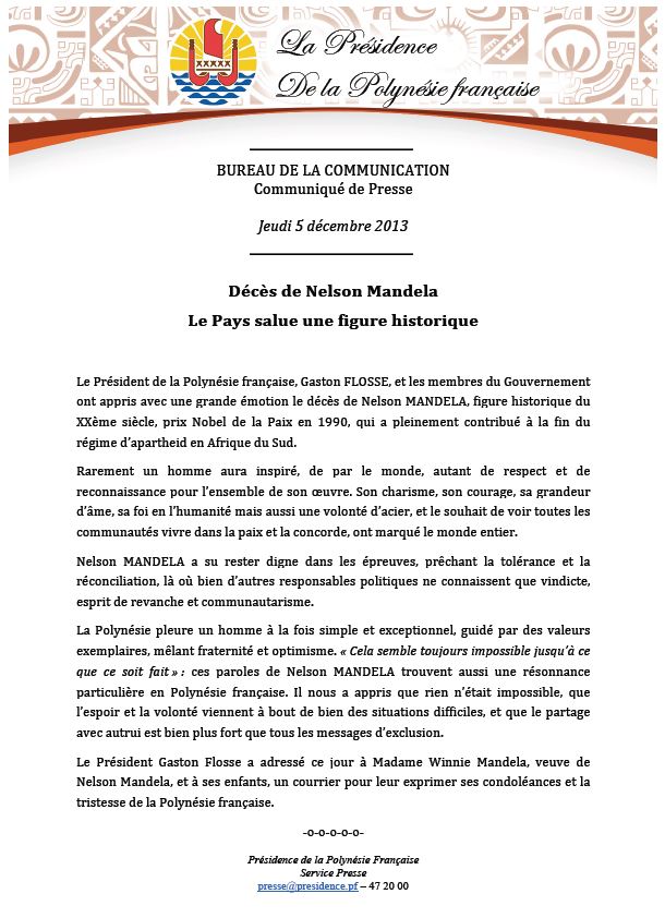 Communiqué de la Présidence: Décès de Nelson Mandela Le Pays salue une figure historique