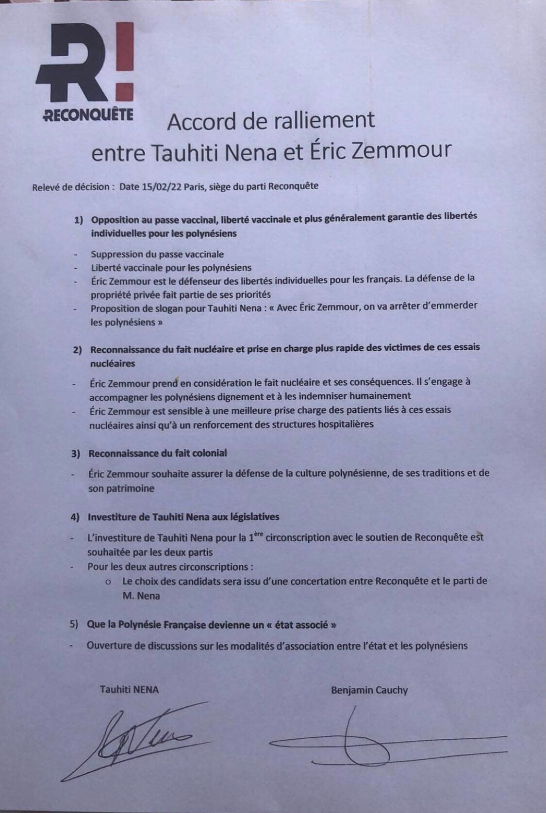 Tauhiti Nena signe un accord avec Éric Zemmour