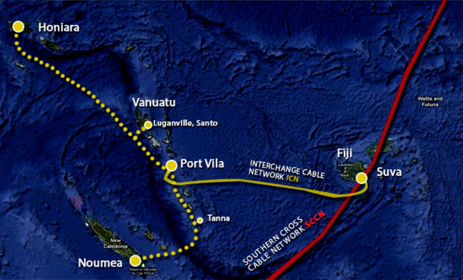 Le trajet du nouveau projet Interchange Cable Network (ICN) (pointillés) (Source : Interchange)   [150 Kb]