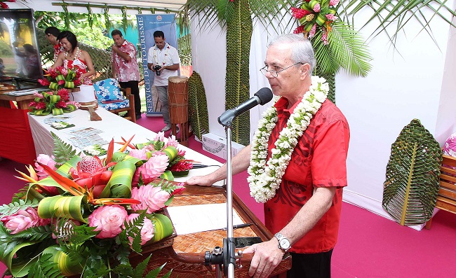 Geffry Salmon, le ministre du tourisme lors de son discours ce matin à l'ouverture du 12e Salon du tourisme à Papeete.