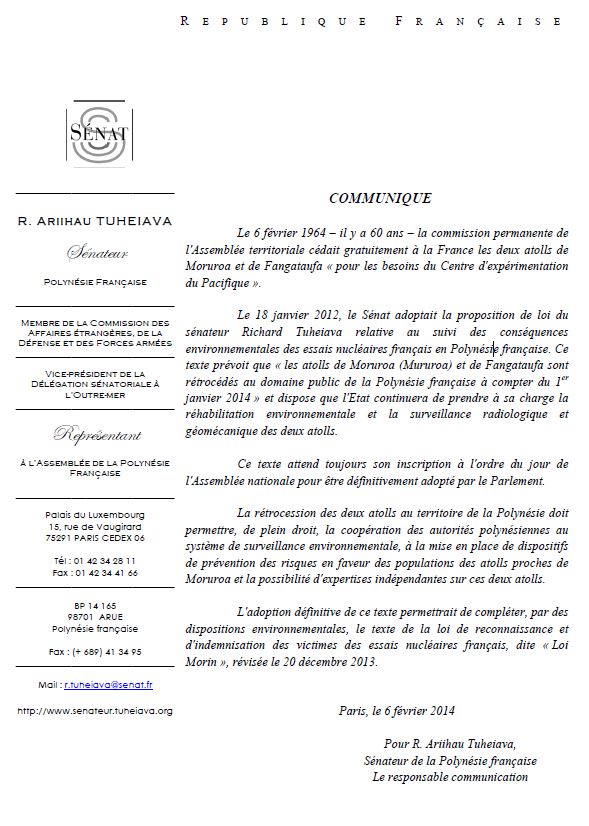 Communiqué de Richard Tuheiava, à l'occasion du 60ème "anniversaire" de la cession temporaire des atolls de Moruroa et Fangataufa.