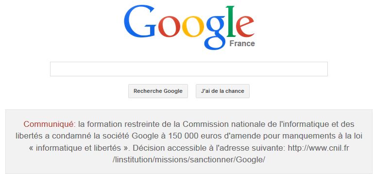 Google a publié l'annonce de la sanction de la Cnil sur sa page google.fr