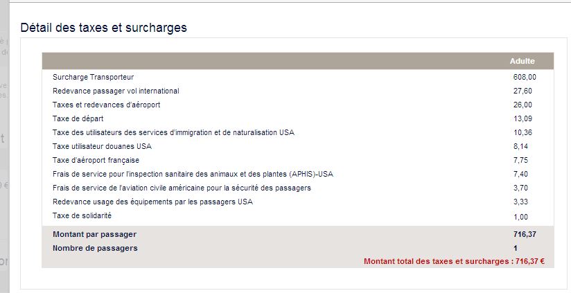Les taxes et surcharges détaillées d'un billet Air Fance.