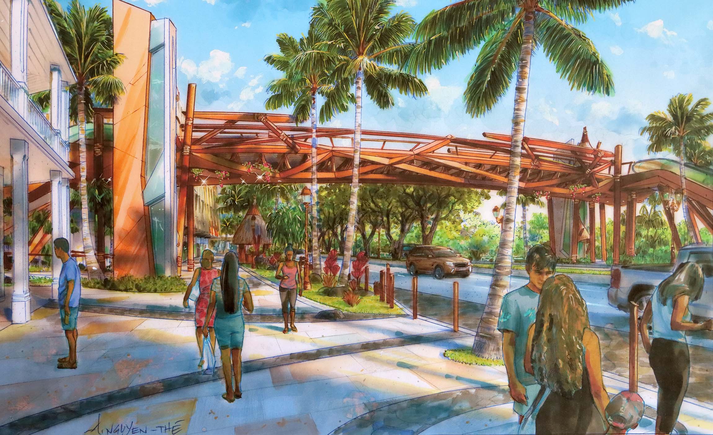 Le site sera relié au centre-ville de Papeete par une passerelle piétonne enjambant le boulevard Pomare.
