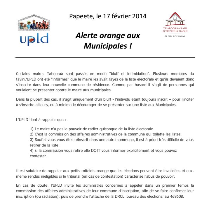 Communiqué de l'UPLD: "Alerte orange aux Municipales !"
