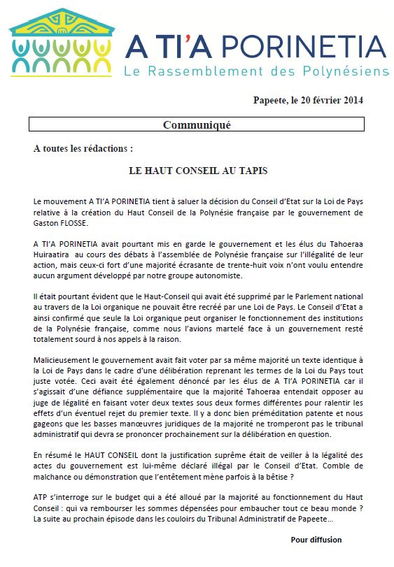 Communiqué A TI'A PORINETIA : " Le haut-conseil au tapis"