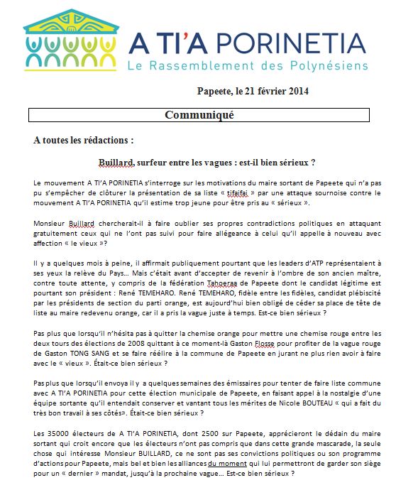 Communiqué ATP: "Buillard, surfeur entre les vagues : est-il bien sérieux ?"