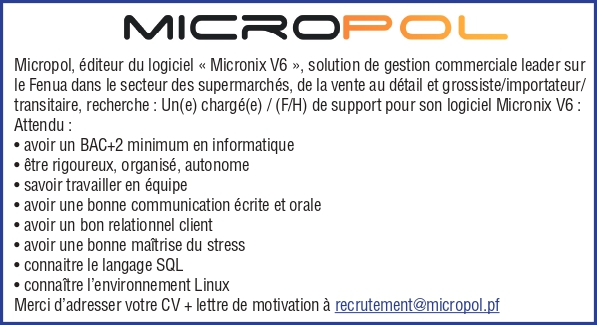 MICROPOL recherche Un(e) chargé(e) / (F/H) de support pour son logiciel Micronix V6 