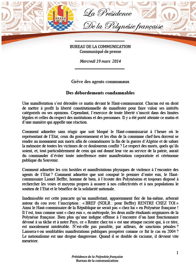 Communiqué de la Présidence: "Grève des agents communaux:  Des débordements condamnables"
