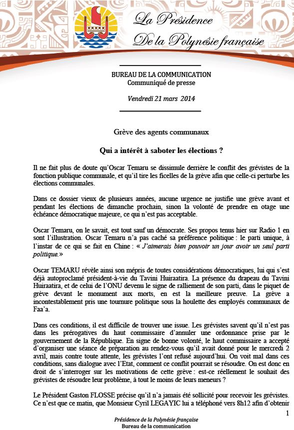 Communiqué de la Présidence: Grève des agents communaux  Qui a intérêt à saboter les élections ?