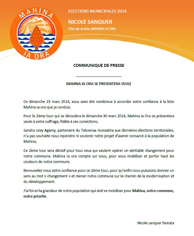 Elections Communales 2014: la liste de Nicole Sanquer "seule au second tour"