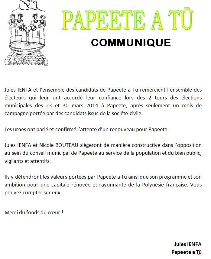 Communiqué de Jules Ienfa: "Les remerciements de Papeete A Tu'