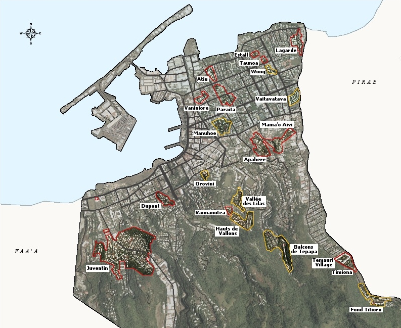 Carte recensant les quartiers prioritaires de la ville de Papeete. Crédit photo : Ville de Papeete