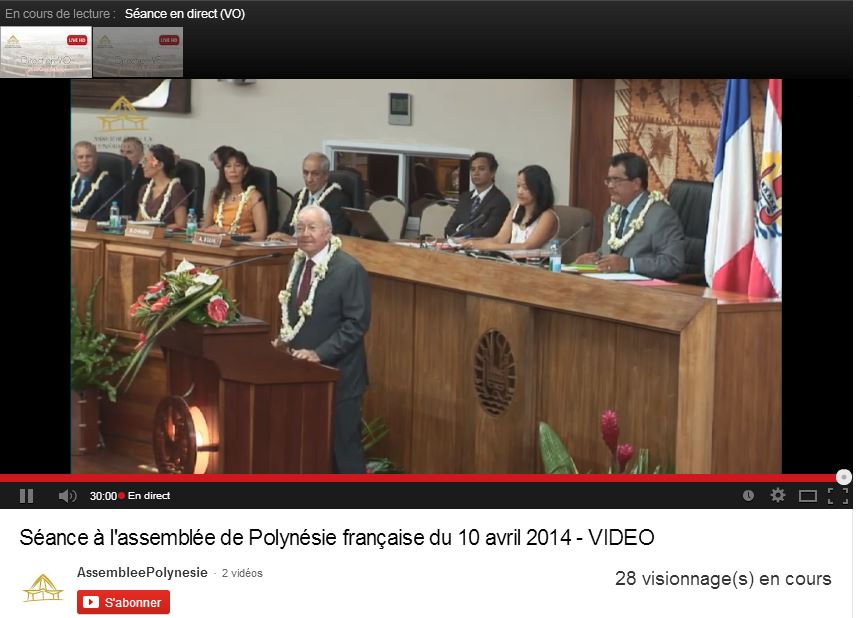 Gaston Flosse à la tribune de l'assemblée de Polynésie française ce jeudi. A 10h15 son discours était toujours en cours.