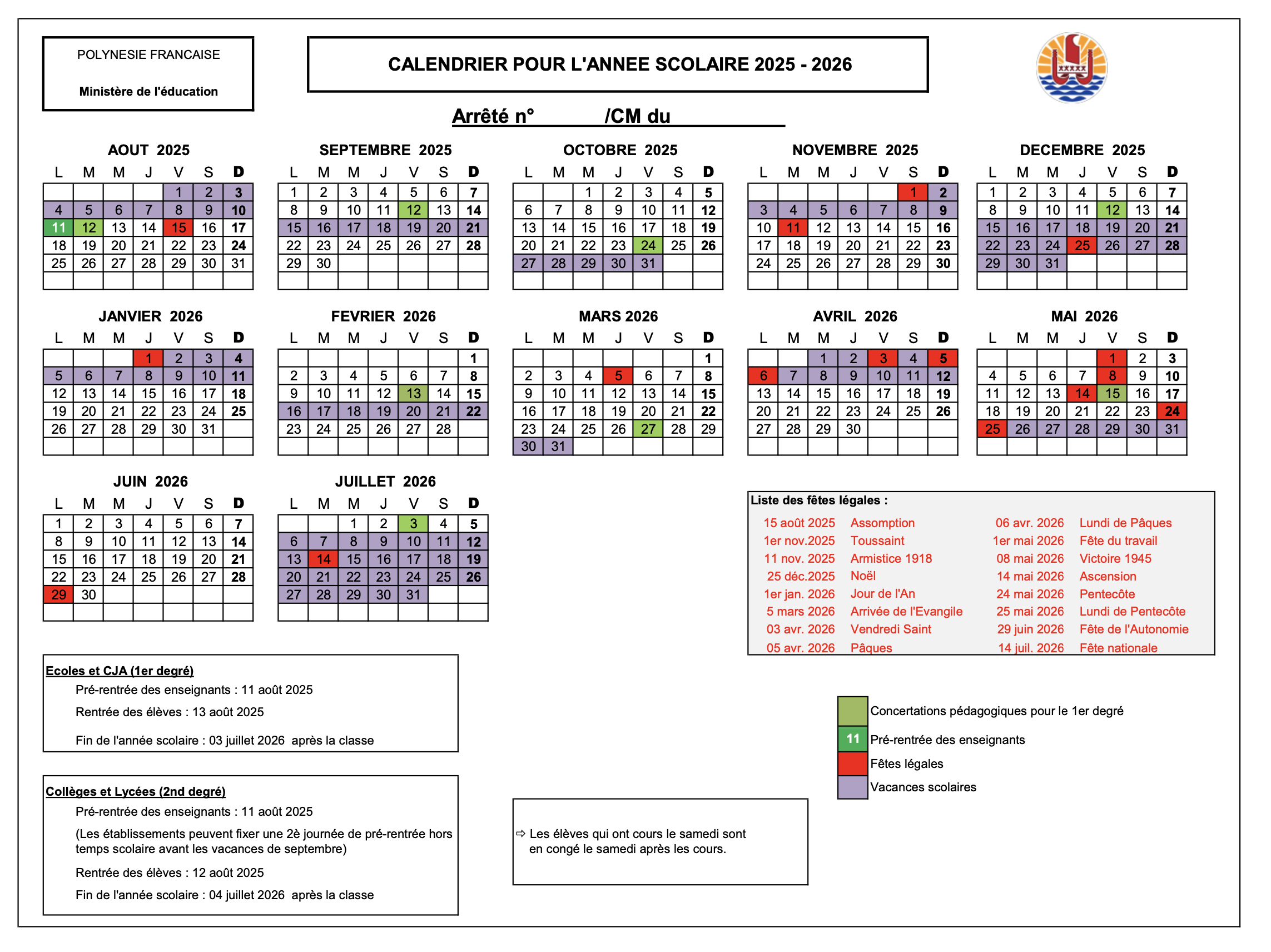 ​Les calendriers scolaires en Polynésie jusqu'en 2025/2026