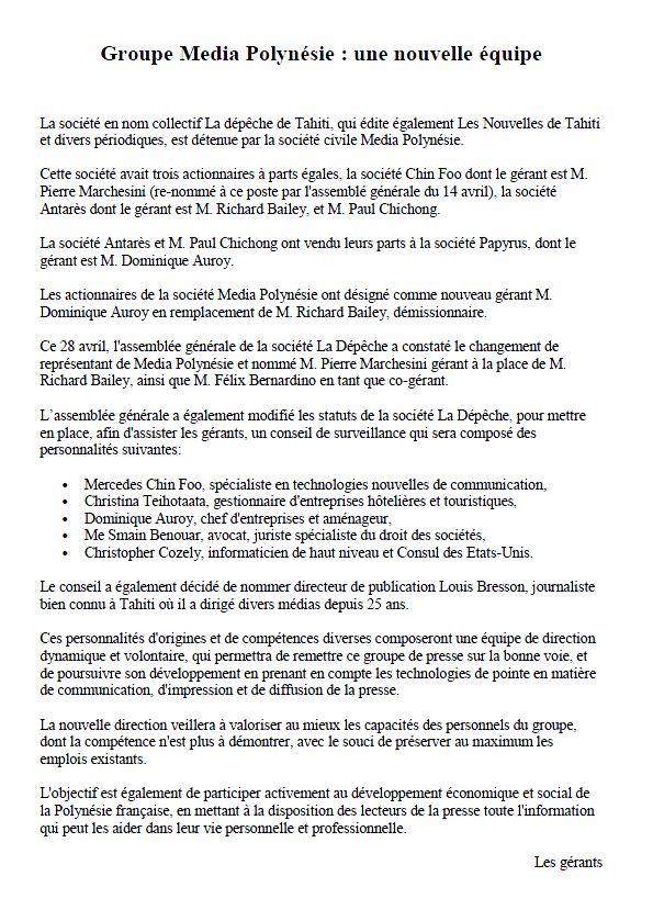 Coup de Papyrus dans le groupe de presse Média Polynésie