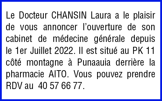 Le Dr CHANSIN Laura ouvre son cabinet de médecine générale à Punaauia