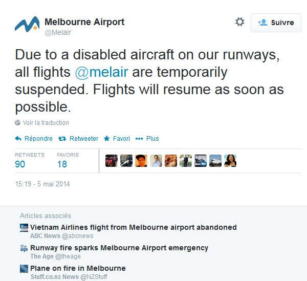 Panne sur le moteur d'un avion à l'aéroport de Melbourne