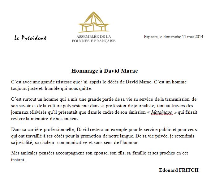 Hommage d'Edouard Fritch à David Marae