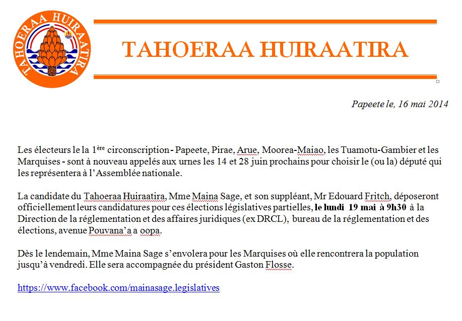 Communiqué TH: dépôt des candidatures Maina Sage et Edouard Fritch