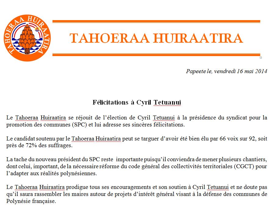 Communiqué TH: Félicitations Cyril Tetuanui