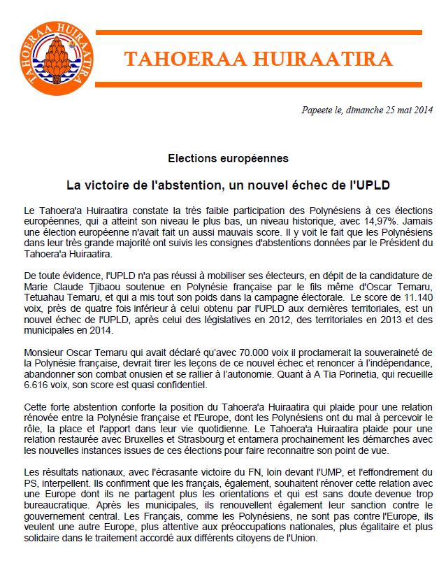Communiqué du Tahoeraa : La victoire de l'abstention, un nouvel échec de l'UPLD