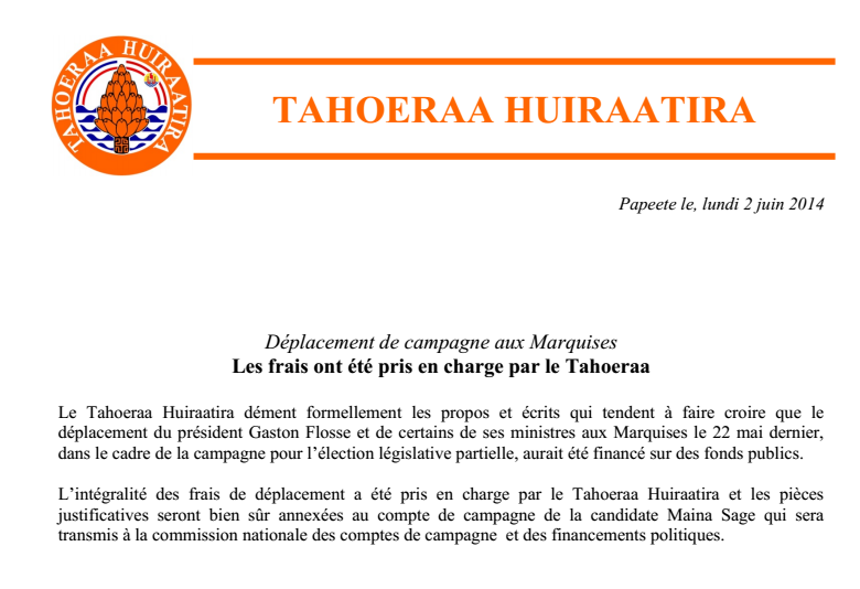 Communiqué: Précision du Tahoeraa Huiraatira sur la tournée législative partielle aux Marquises