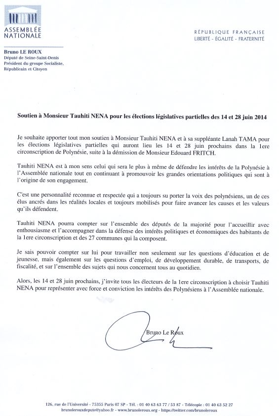 Législatives: Le Président du groupe socialiste à l'Assemblée nationale soutient Tauhiti Nena