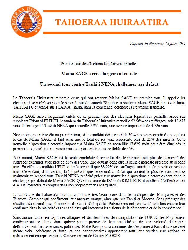 Communiqué TH: Maina SAGE arrive largement en tête  Un second tour contre Tauhiti NENA challenger par défaut