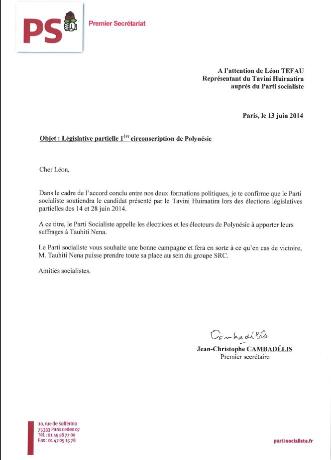 Communiqué de Tauhiti Nena: remerciements législatives partielles