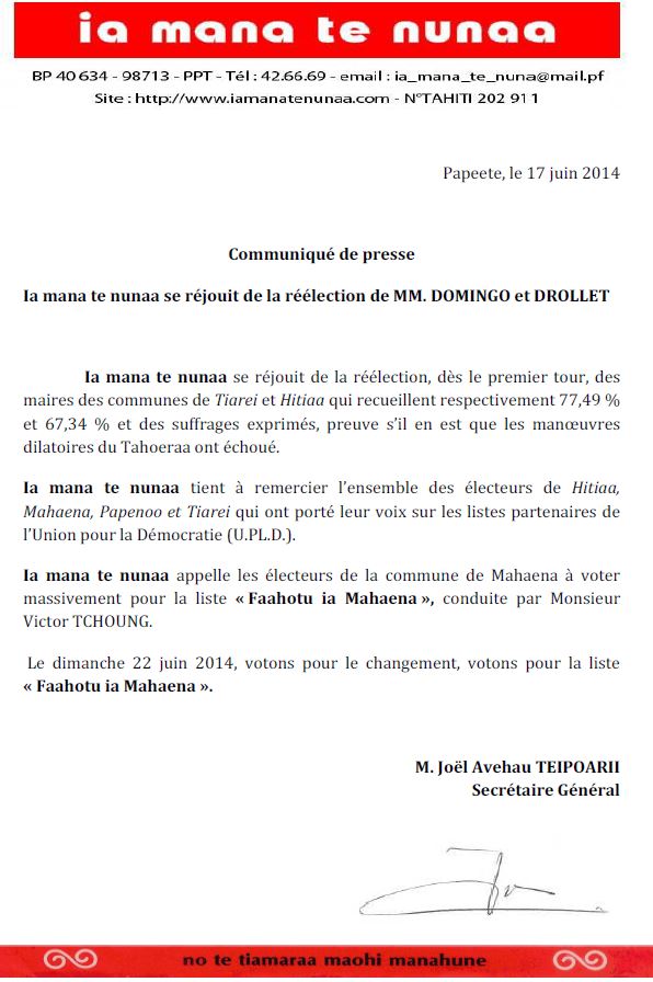Communiqué Ia Mana Te Nunaa :  Réélection de MM. Domingo et Drollet
