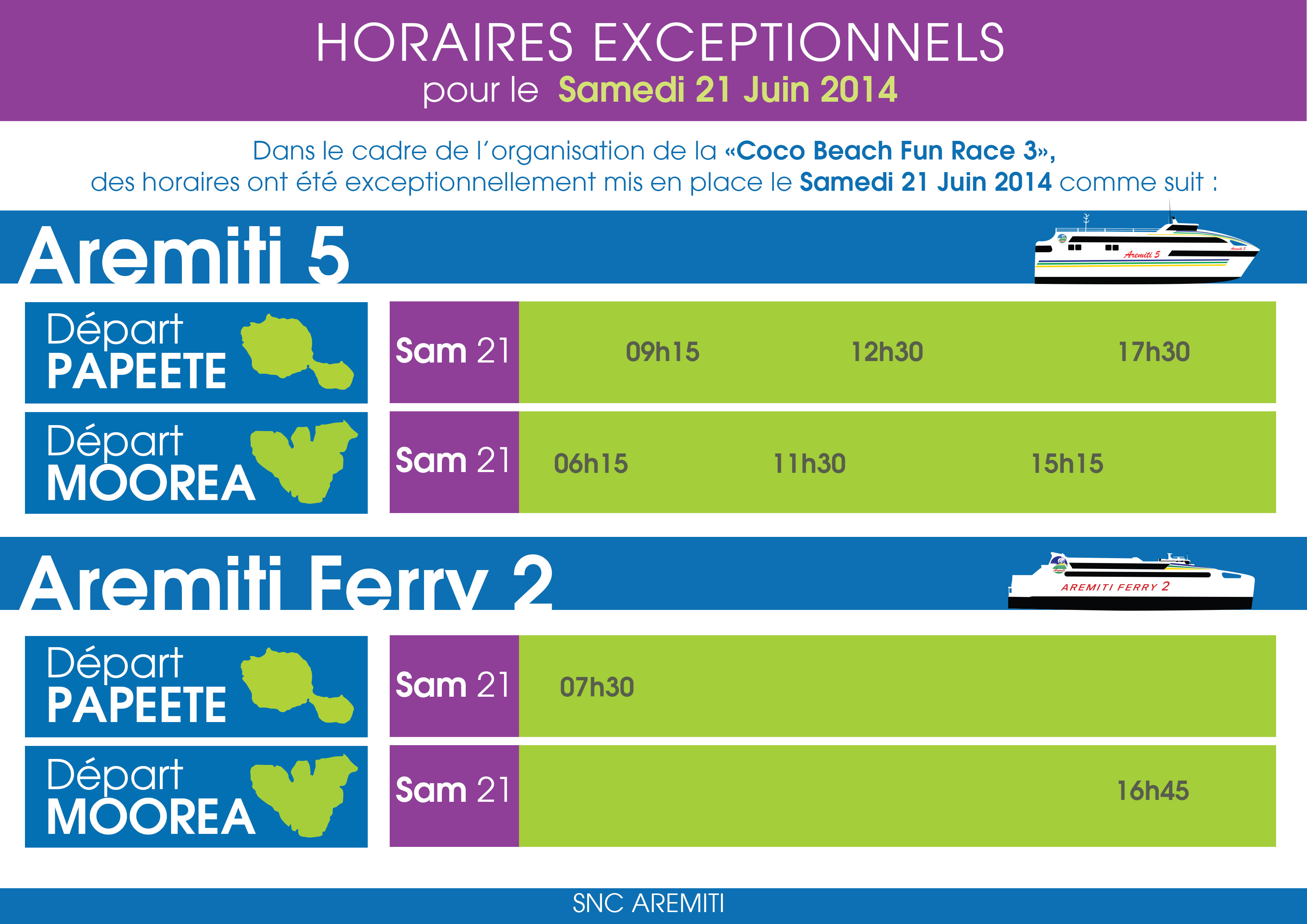 Changement exceptionnel des horaires de l'Aremiti 5 et de l'Aremiti Ferry ce samedi 21 juin