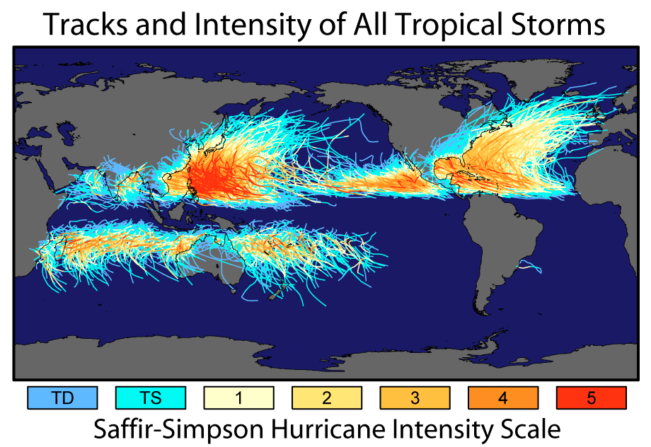 Tous les cyclones ces 150 dernières années, jusqu'en 2006 (carte NASA)