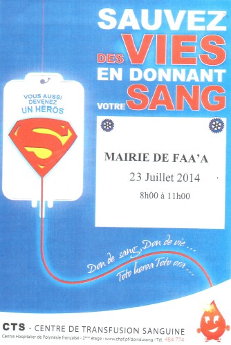 Don du sang ce mercredi 23 juillet à la Mairie de Faa'a