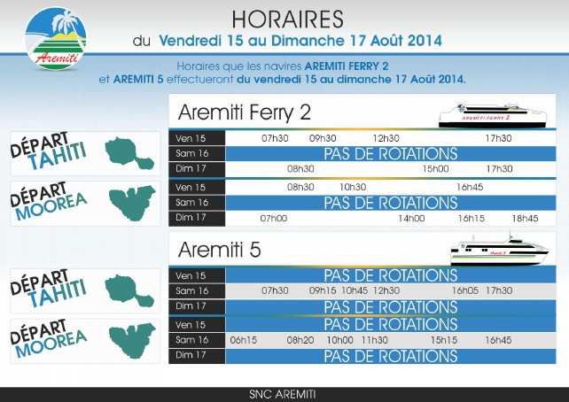 Horaires des navires Aremiti 5 et Aremiti Ferry 2 établis pour le week-end de l'Assomption du 15 au 17 août